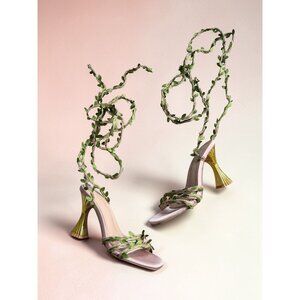 FLORAL Vines Lace Up Sandals Heels Size 38 / US 8